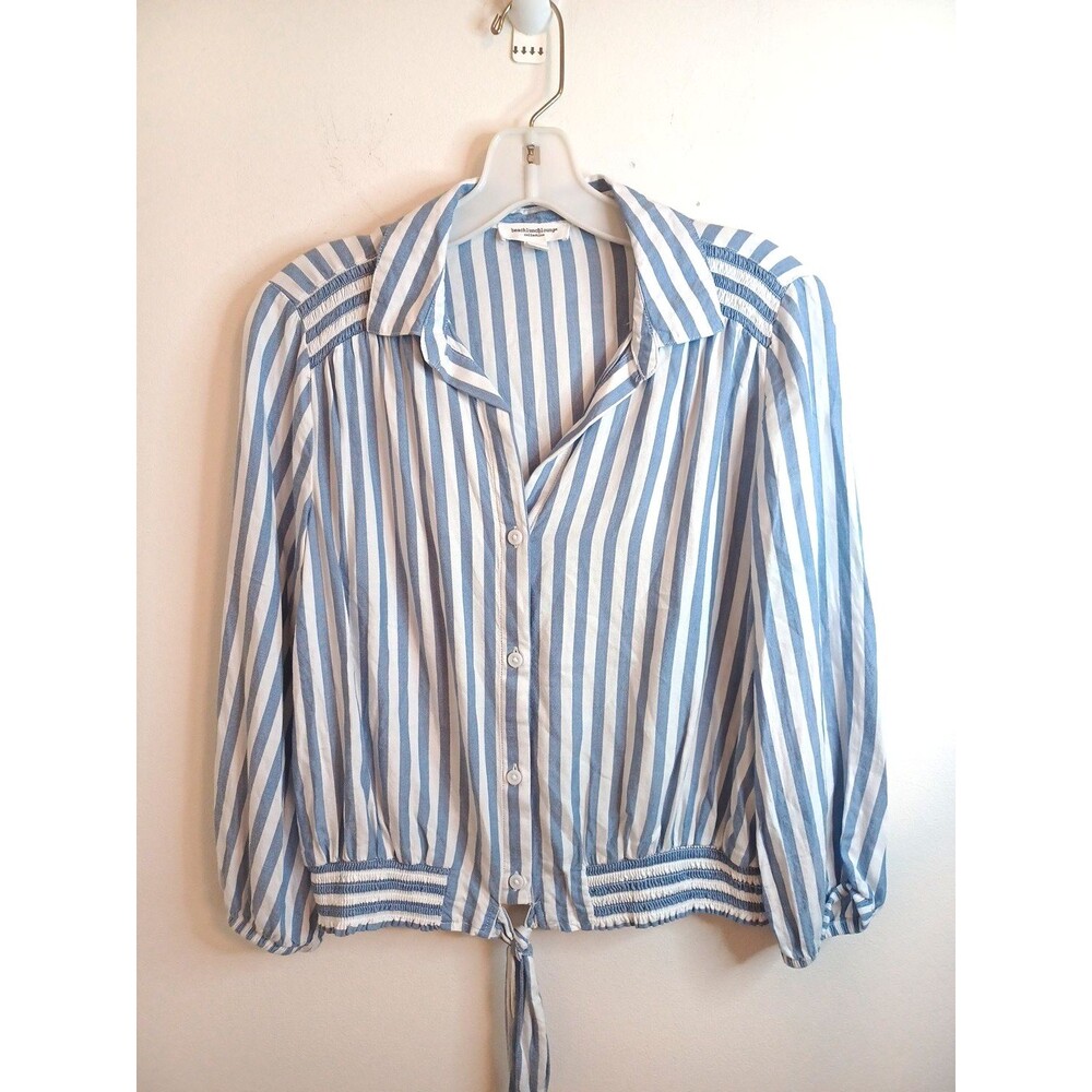 Beach Lunch Lounge Button Down Striped Blue White Tie Front Blouse Top Shirt XS